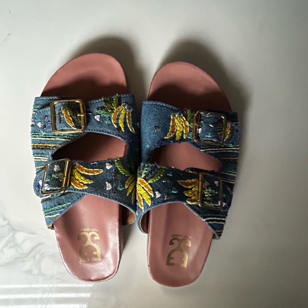 Embroidered Denim Flats with Buckles